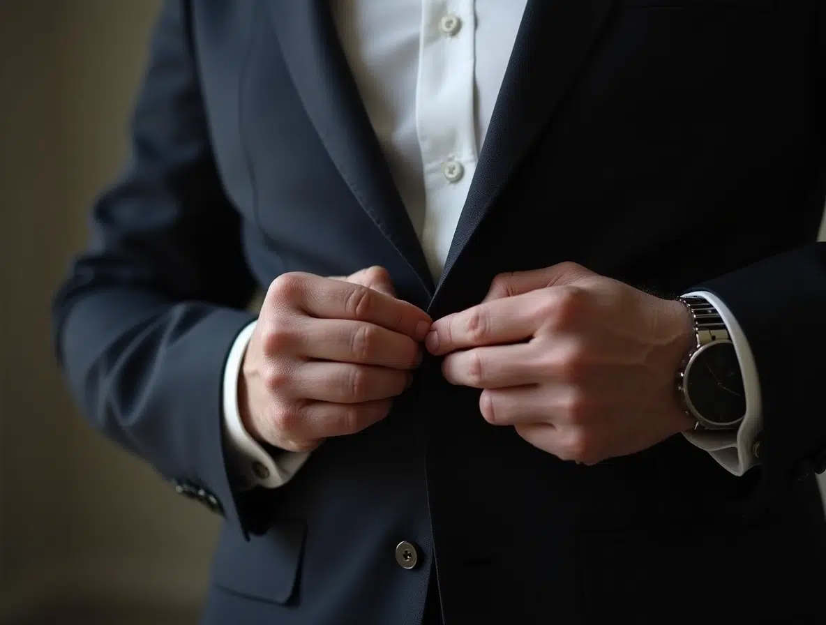 Homme qui ferme les boutons de son costume