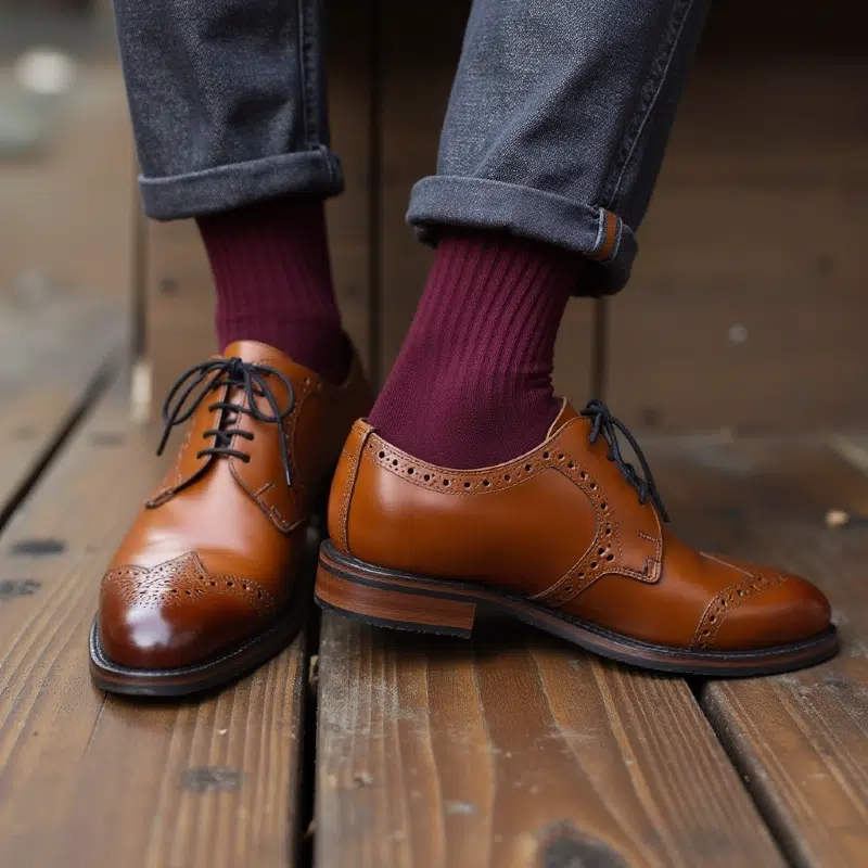 Des chaussettes rouges bordeaux avec des chaussures brunes en cuir