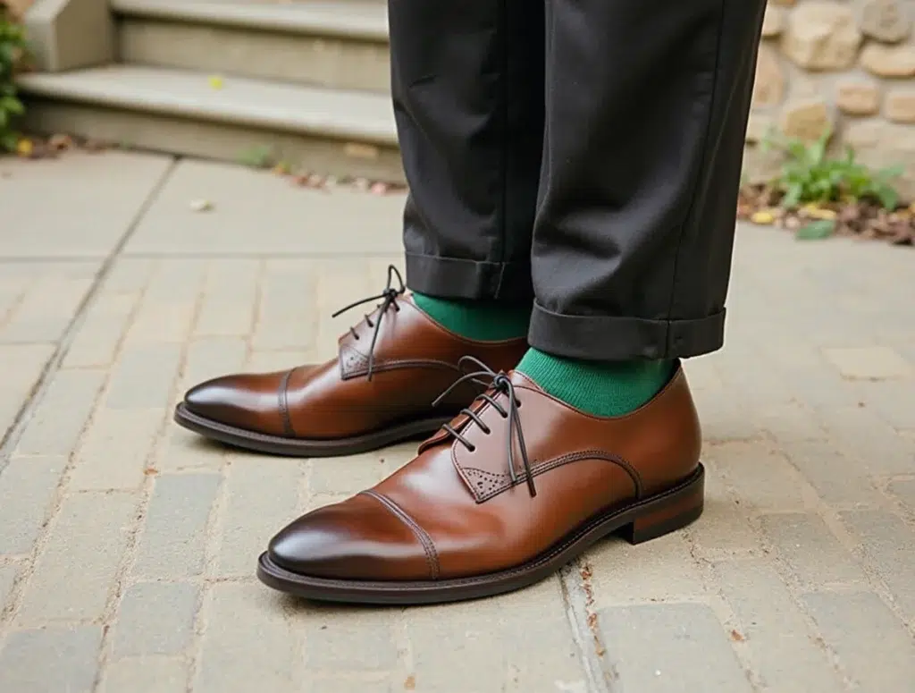 chaussettes vertes avec des chaussures marrons