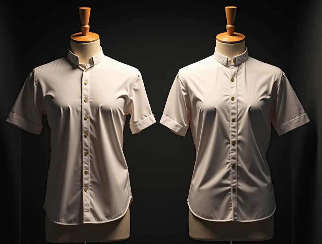 Deux chemises sur des mannequins, une avec un col officier et l'autre ave un col mao