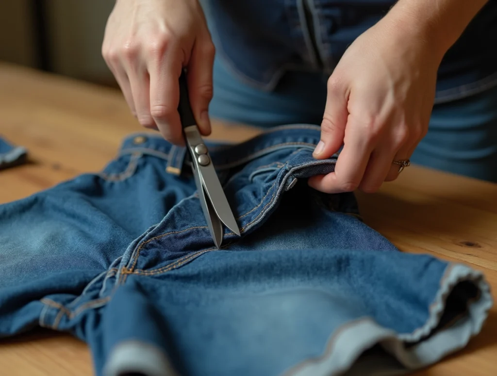 Photo d'un homme qui coupe un jean pour en faire un short