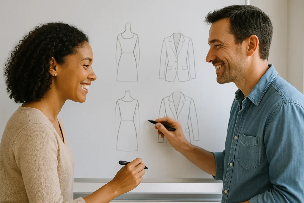 Un homme et une femme en train de créer leur marque de vêtements