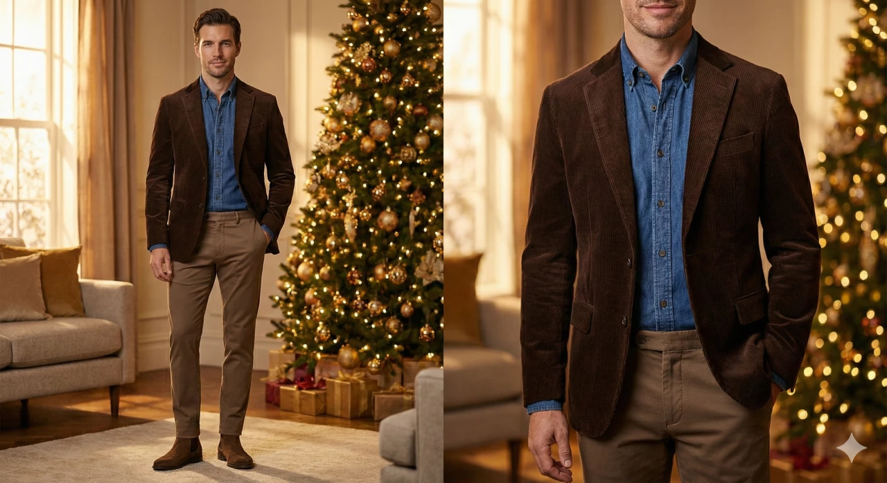 Tenue pour Noël pour Homme avec veste marron, chemise bleue rentrée dans le pantalon et pantalon beige.