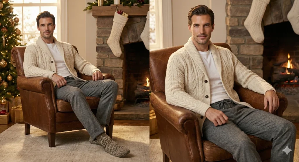 Homme a un repas de Noël portant un pull beige en laine, u t-shirt blanc et un pantalon gris