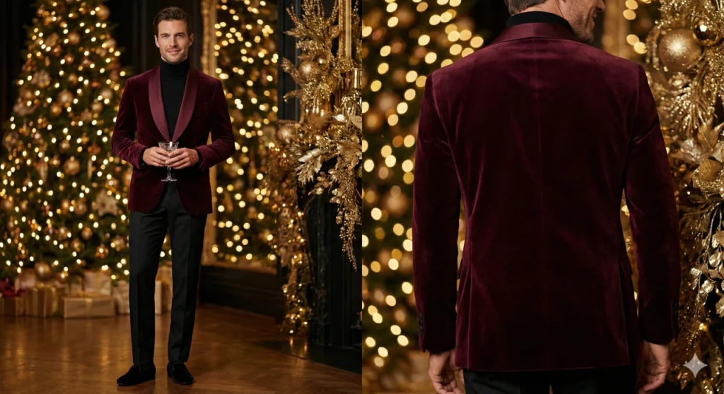 Tenue pour Noël pour homme avec blazer en velour bordeaux, chemise