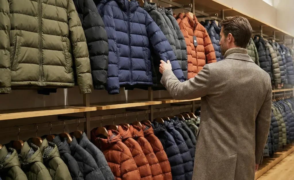 Homme qui choisir la matière de sa doudoune