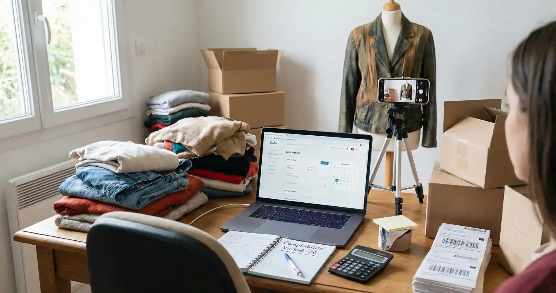 Femme qui fait de l'achat revente sur Vinted dans son bureau