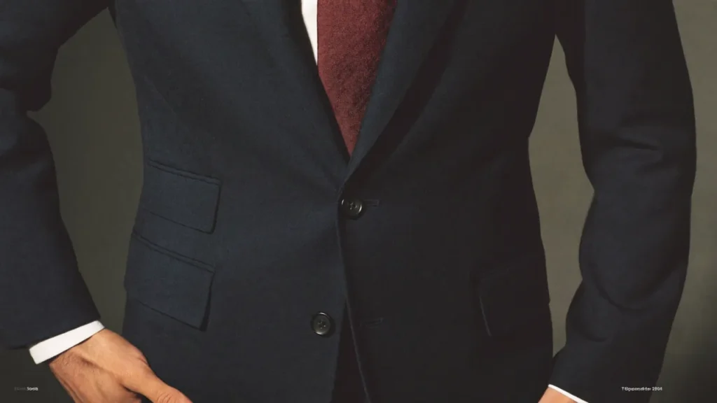 Veste de costume marine boutonnée selon la règle du bouton du milieu