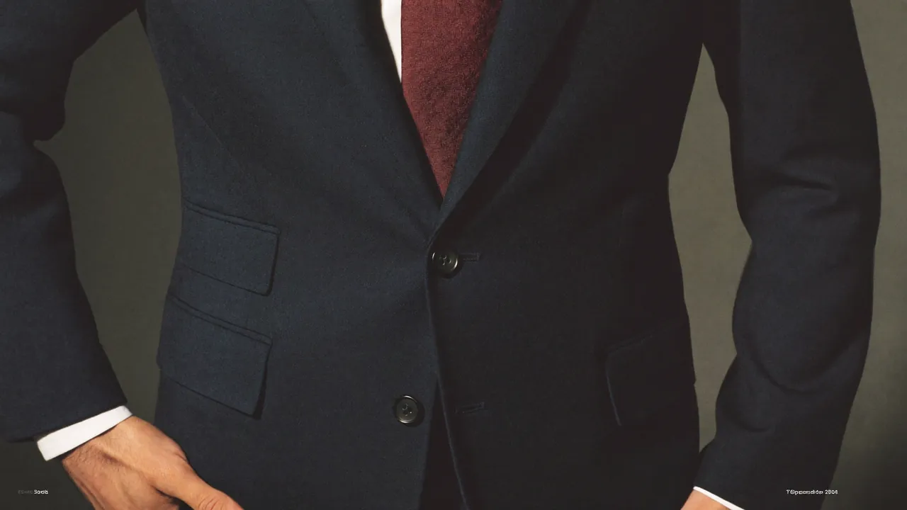 Veste de costume marine boutonnée selon la règle du bouton du milieu