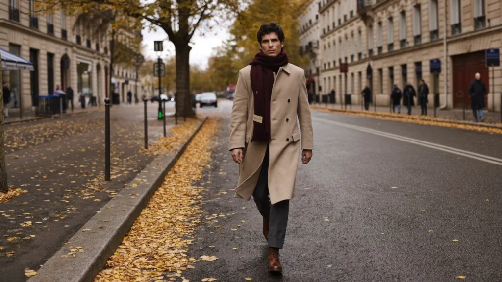 Homme en long manteau beige avec écharpe bordeaux dans une rue parisienne en automne