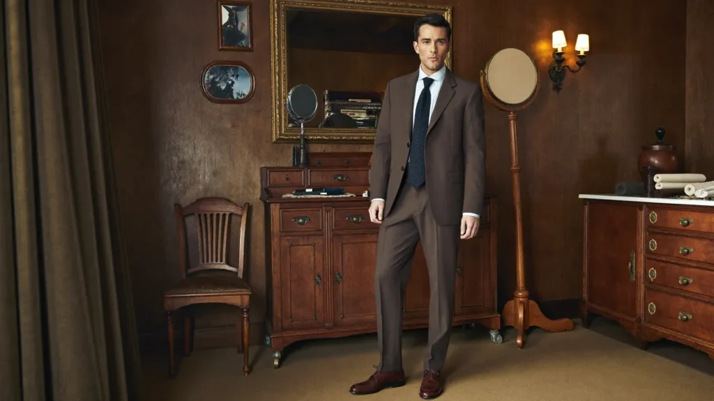 Costume marron avec chemise bleu pâle et cravate bleu marine dans un atelier de tailleur
