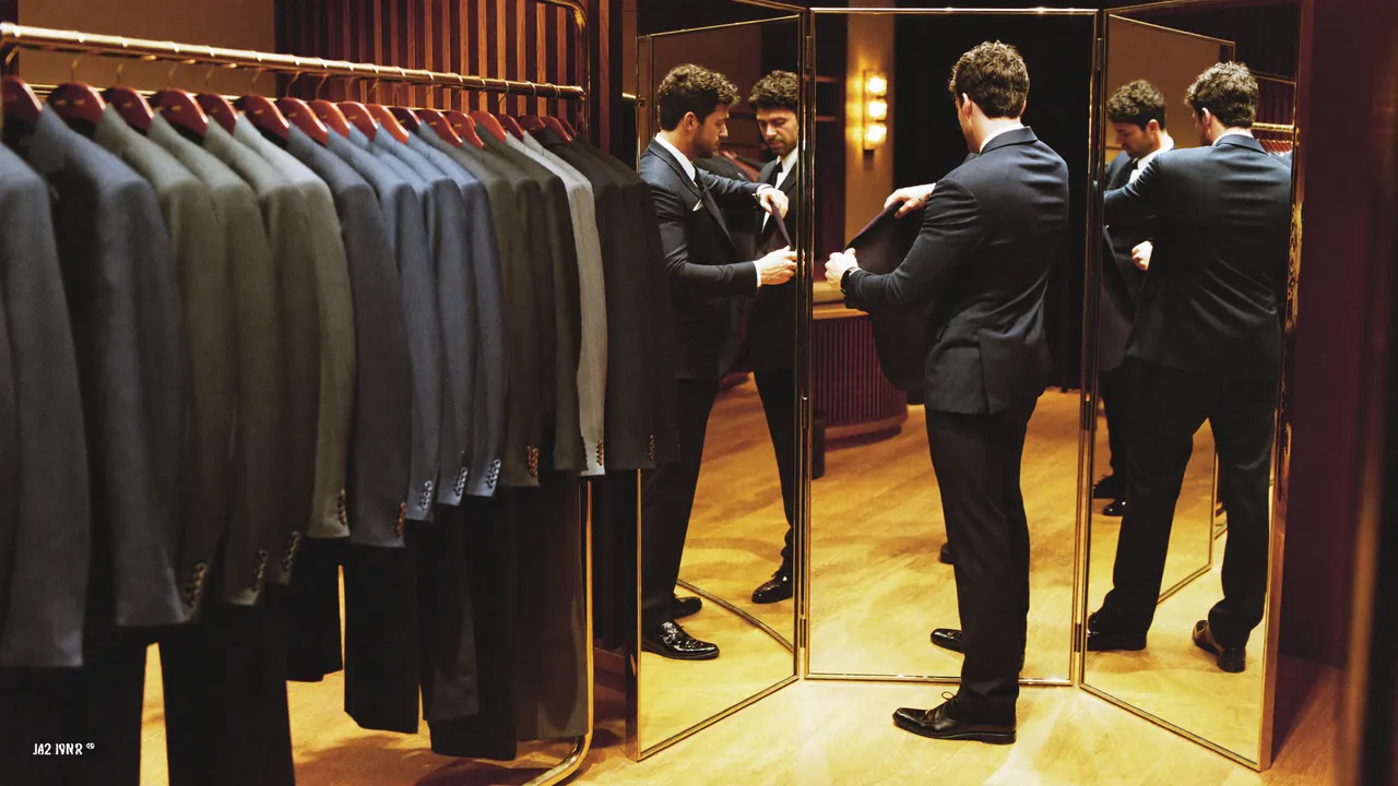 Boutique de location de costumes avec rack de costumes et essayage devant un miroir tri-fold