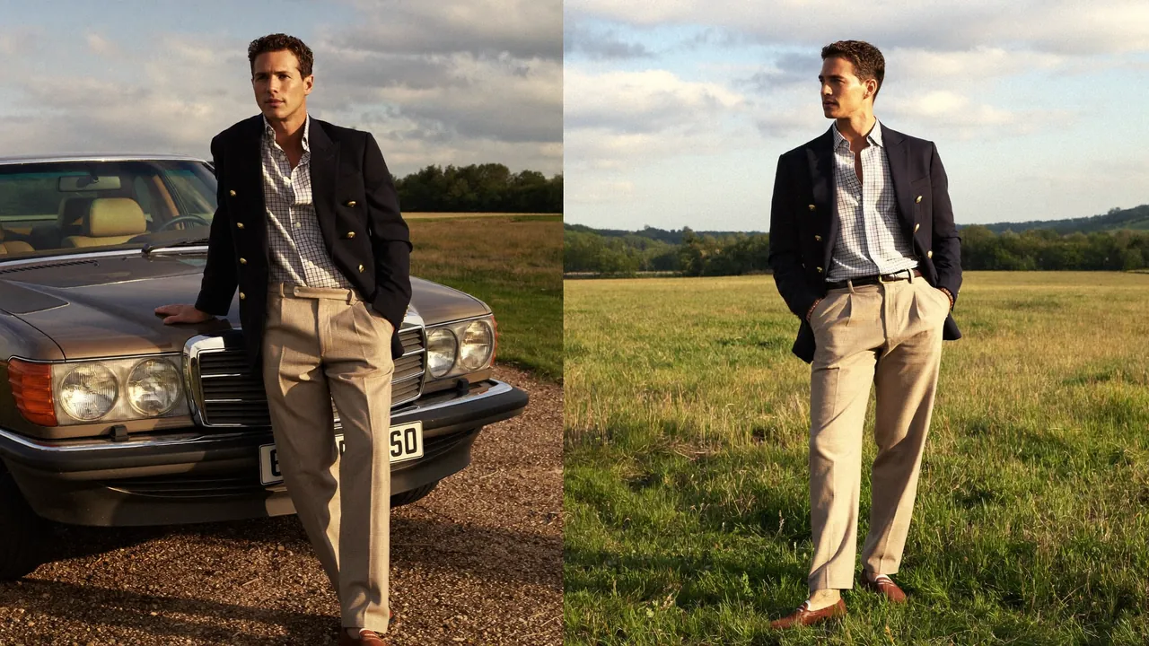 Homme en blazer marine, polo et pantalon flanelle dans le style old money