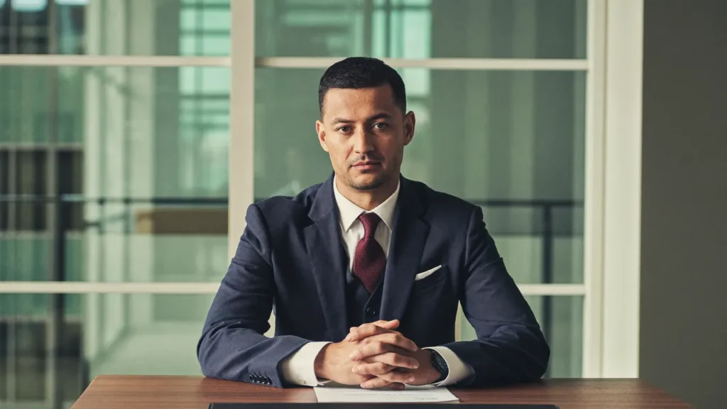Candidat en costume bleu marine et cravate bordeaux à un entretien d'embauche