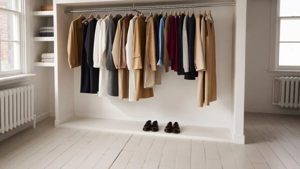 Penderie minimaliste avec garde-robe capsule homme dans une palette neutre