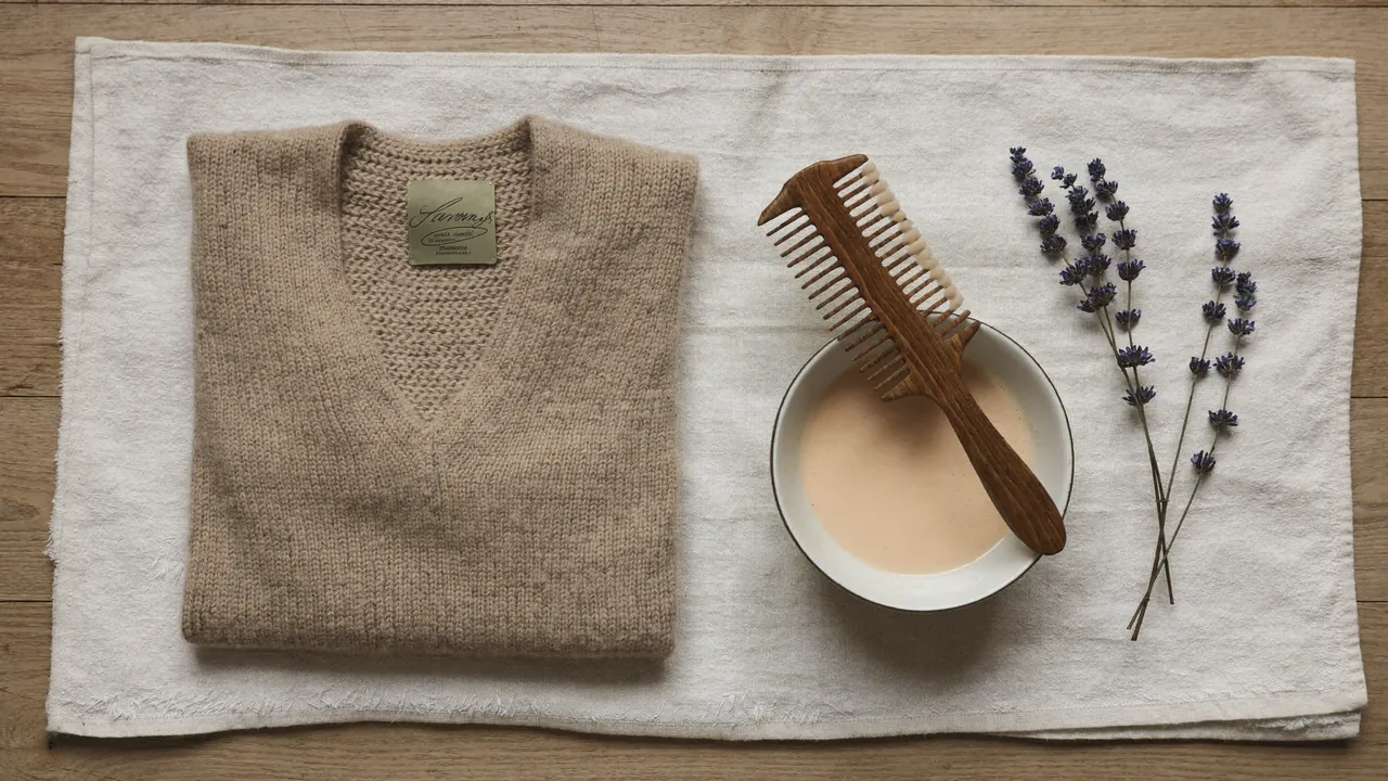 Pull en cachemire beige plié à plat avec lessive douce et peigne anti-bouloches