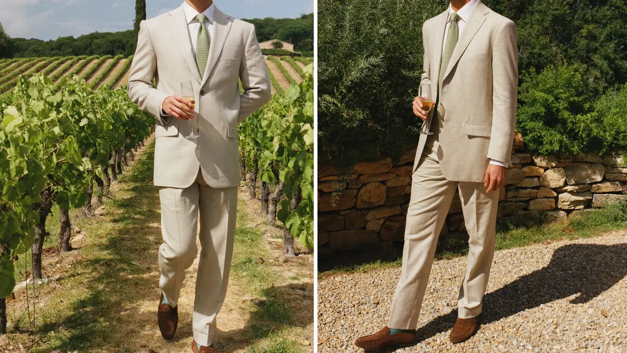 Invité de mariage homme en costume lin beige dans un vignoble de Provence en été