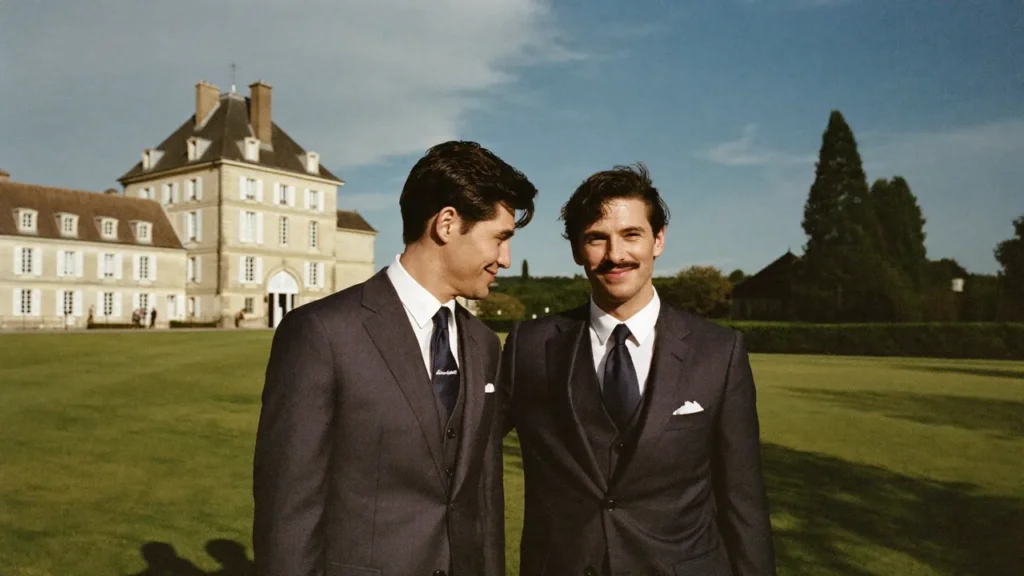Témoin de mariage homme en costume bleu nuit aux côtés du marié dans un château français
