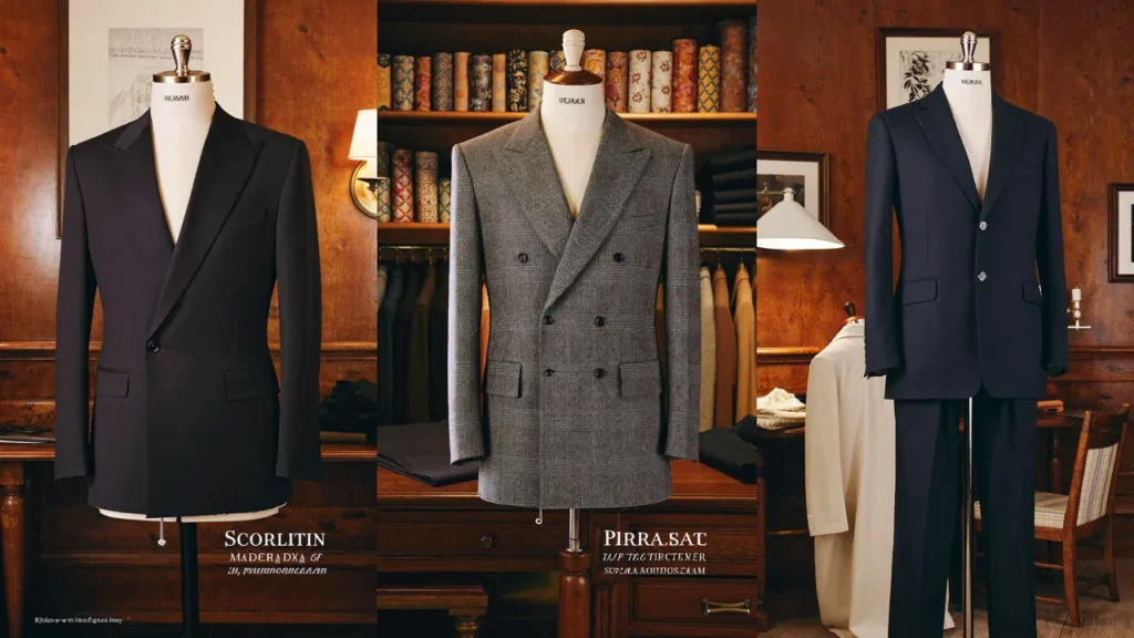 Trois silhouettes de costume italienne, anglaise et française côte à côte dans un atelier de tailleur