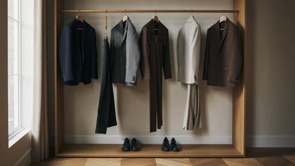 Penderie homme avec cinq costumes alignés dans une palette neutre