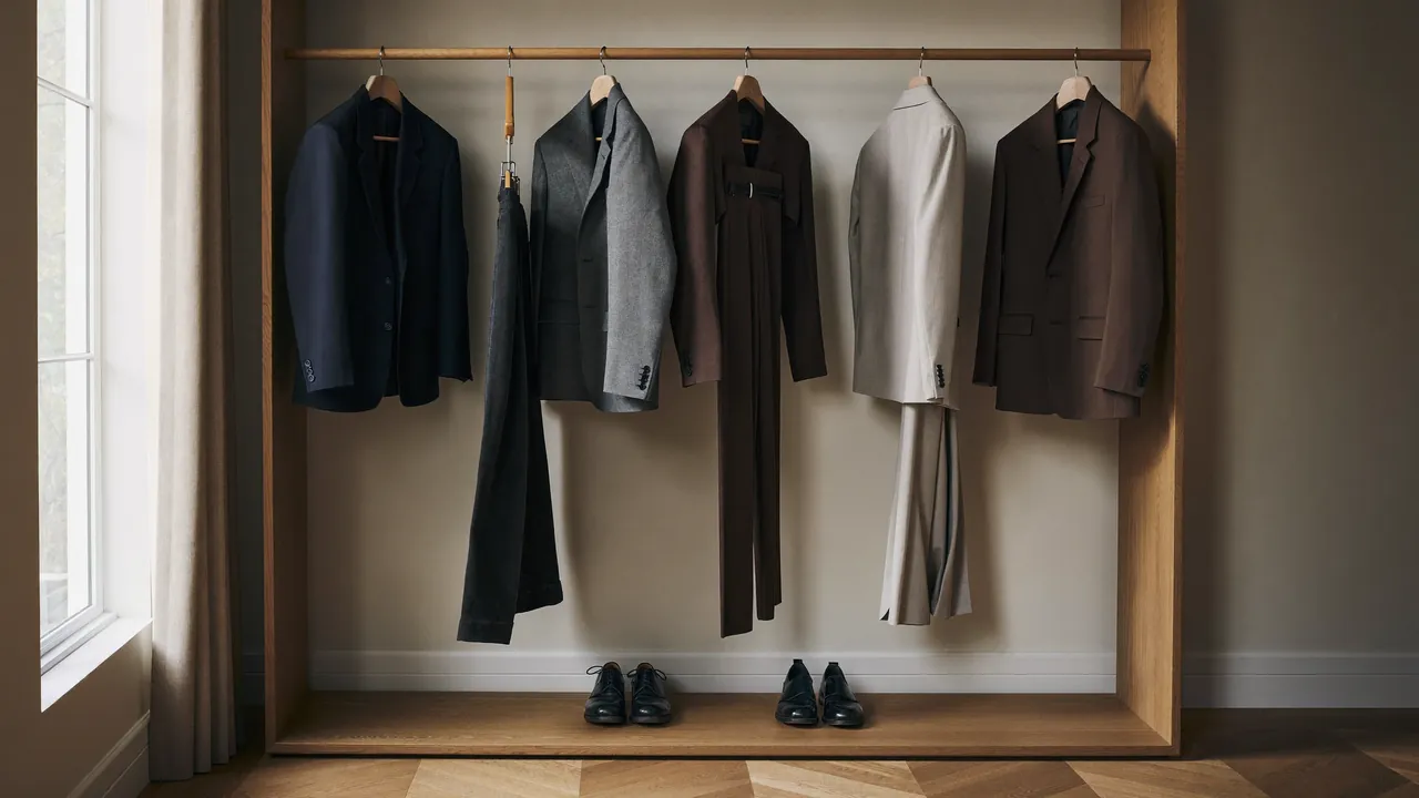 Penderie homme avec cinq costumes alignés dans une palette neutre