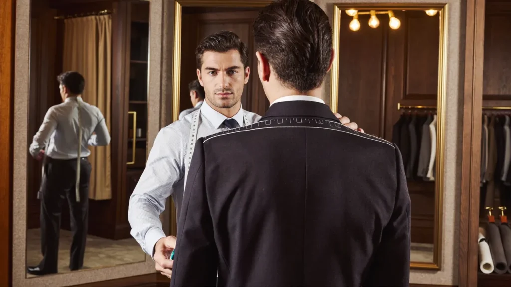 Tailleur prenant la mesure de l'épaule d'un client en costume marine basté dans un atelier