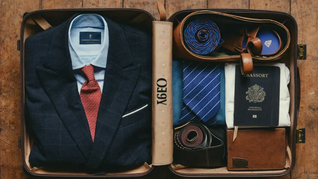 Costume marine plié dans une valise en cuir vintage avec chemises et cravates roulées