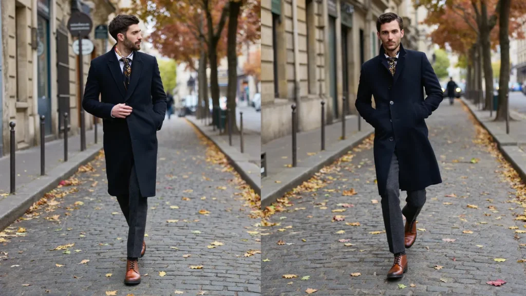 Homme en manteau marine avec foulard à pois noué élégamment sous le col dans une rue parisienne