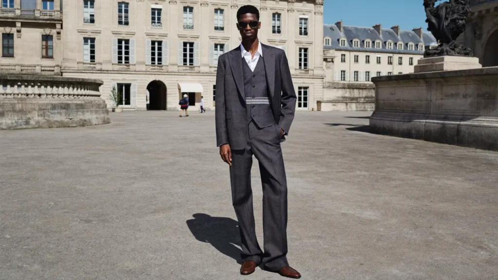 Homme grand en costume gris trois-pièces dans une cour parisienne classique