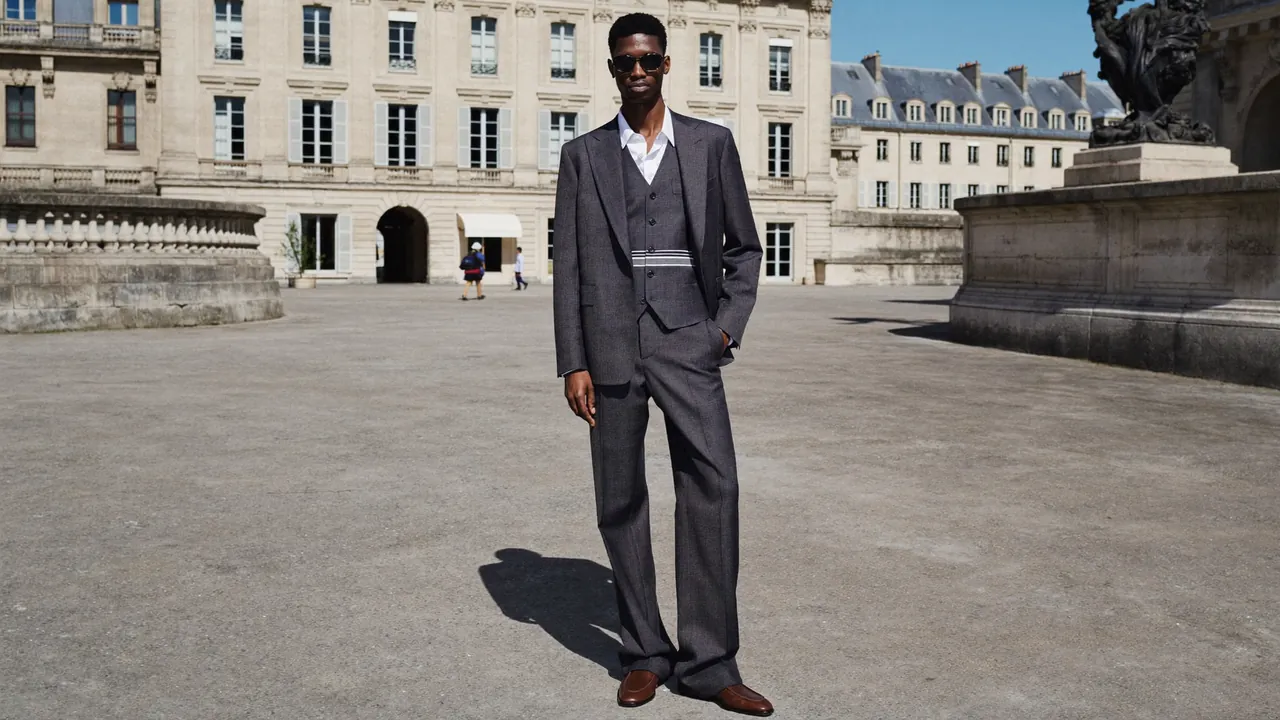 Homme grand en costume gris trois-pièces dans une cour parisienne classique