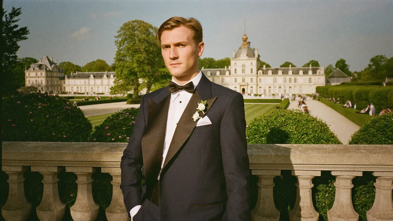 Marié en smoking marine au crépuscule sur la terrasse d'un chateau français