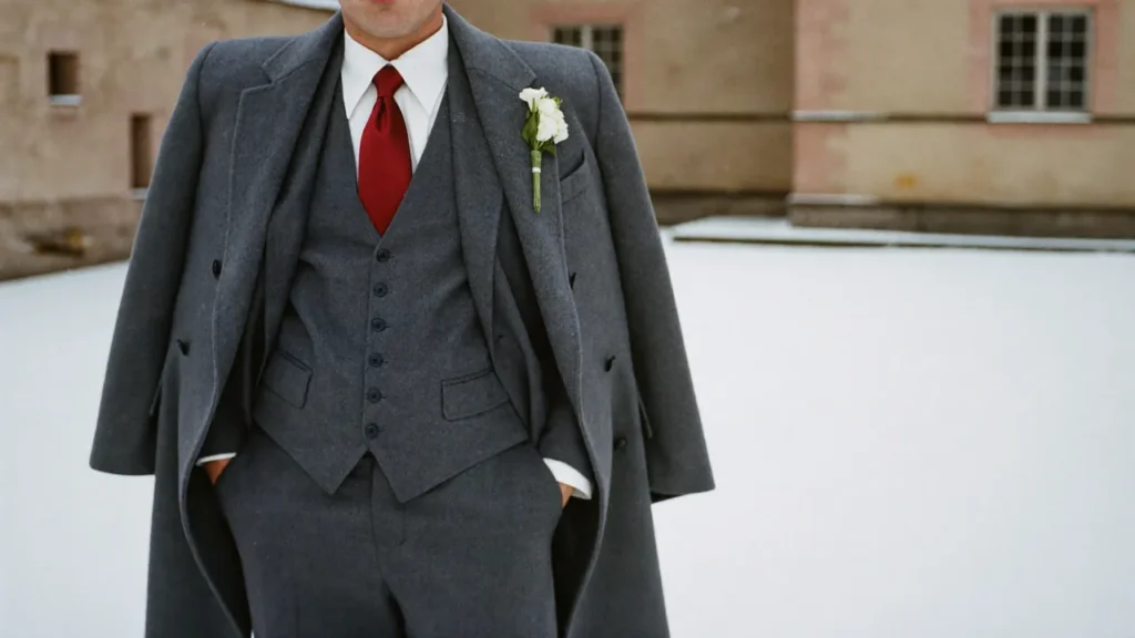 Marié d'hiver en costume gris et manteau anthracite dans la cour d'un château enneigé