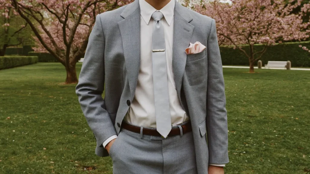 Invité de mariage printemps en costume bleu pâle dans un jardin français au printemps