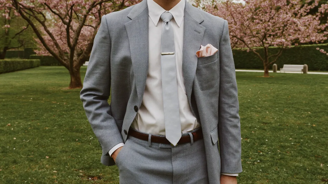 Invité de mariage printemps en costume bleu pâle dans un jardin français au printemps