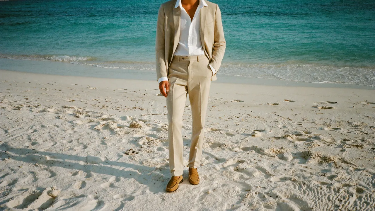 Marié de plage en costume lin beige sur sable blanc face à eau turquoise