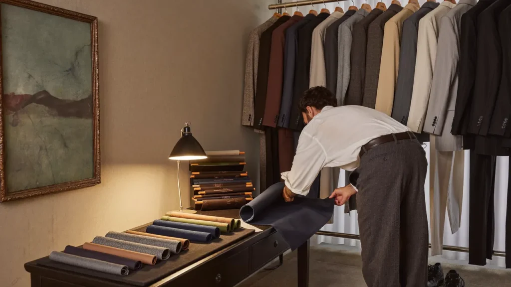 Atelier de tailleur avec rolls de tissu et vestes navy sur formes en bois