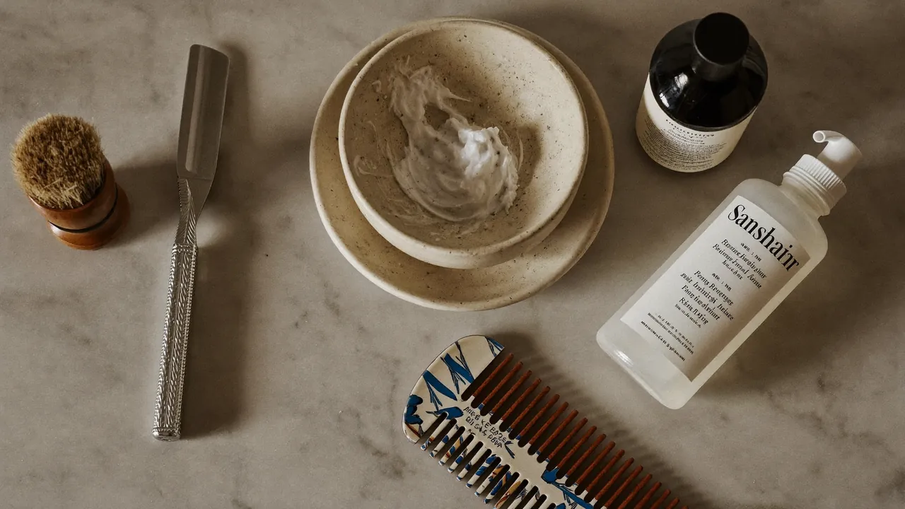 Set grooming homme avec rasoir de sûreté et bol de mousse à raser sur marbre