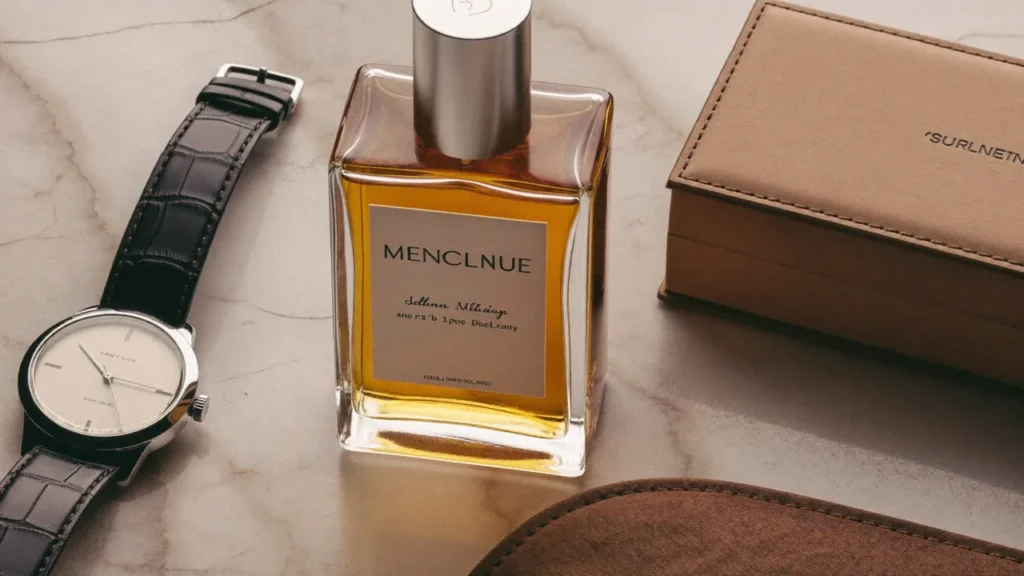 Élégant flacon de parfum homme ambré sur surface marbre vanité