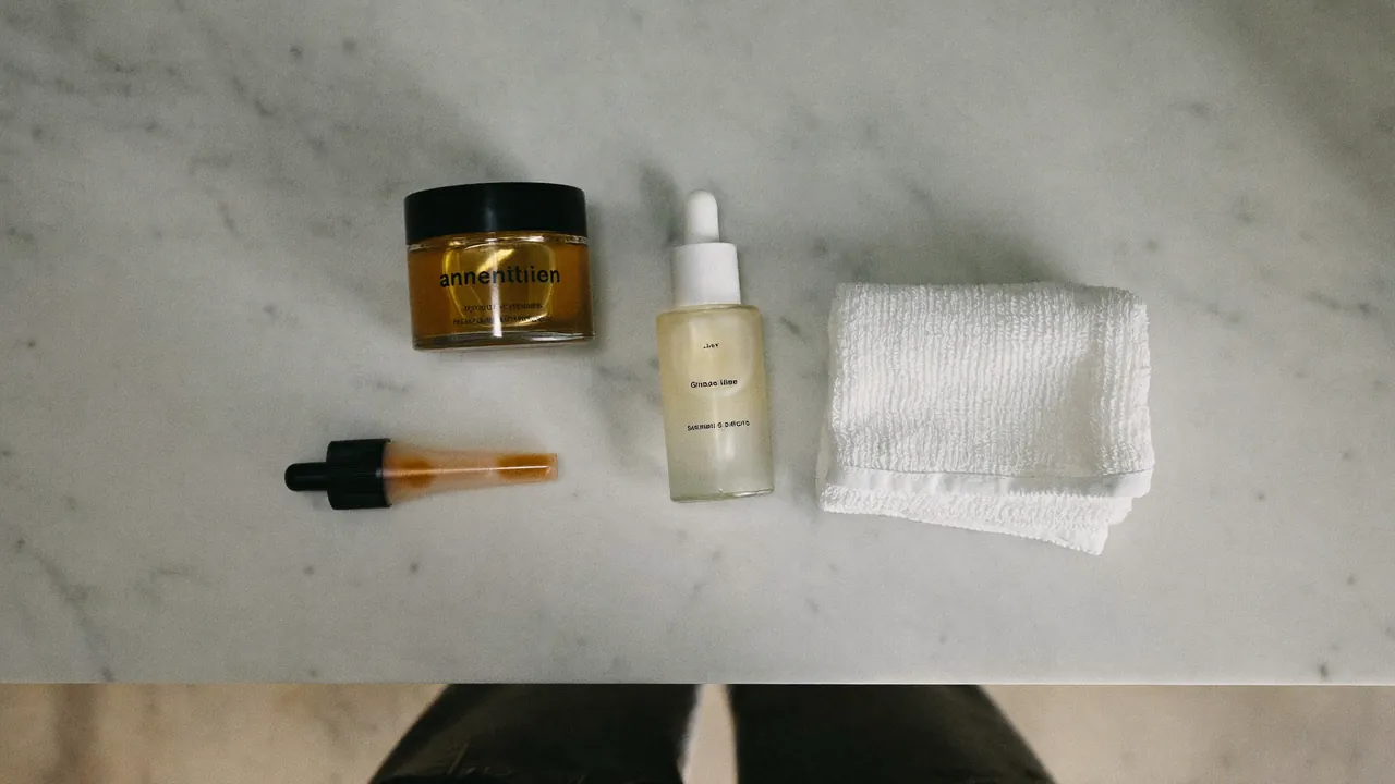 Plat lay de soins skincare homme avec crème sérum et serviette sur marbre